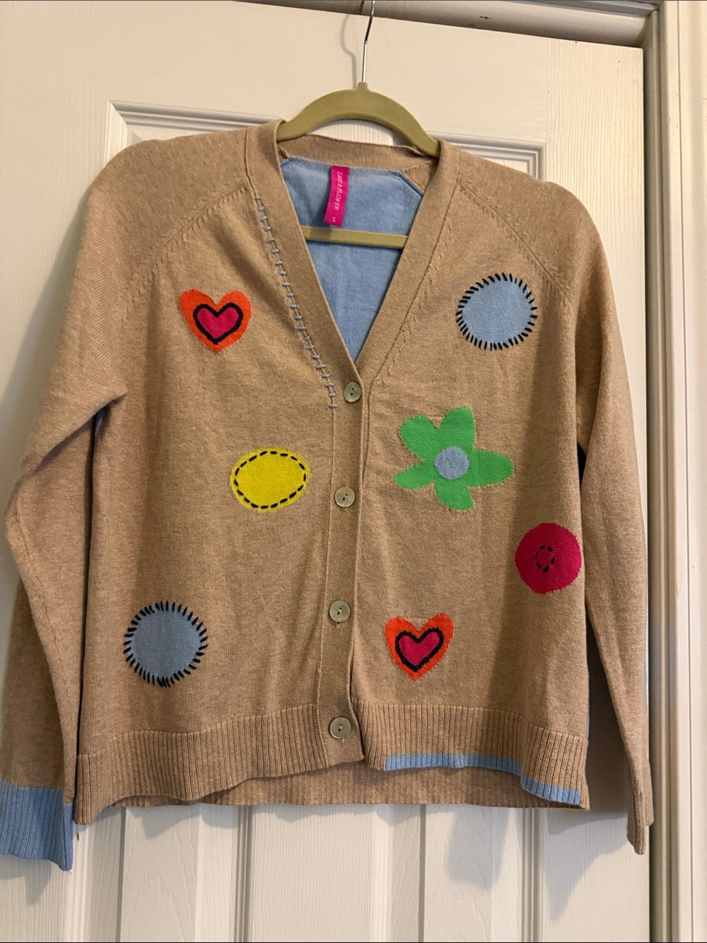 Women’s Zaket & Plover Tan Button Cardigan Sweater with Colorful Shapes